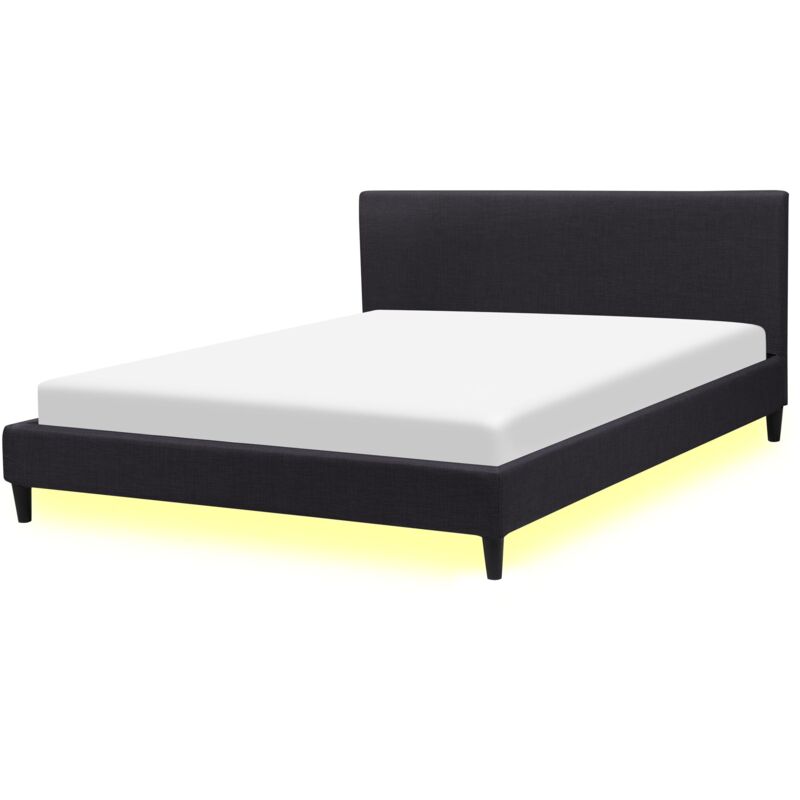 Beliani Modern Linen Eu King Size Bed Frame 5ft3 Slatted Base Black Led Light Fitou