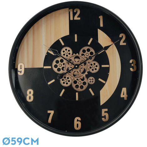 FABRILAMP Horloge de Mur Parma Noir Hêtre Or 59x59x8 cm Engrenages avec Mouvement