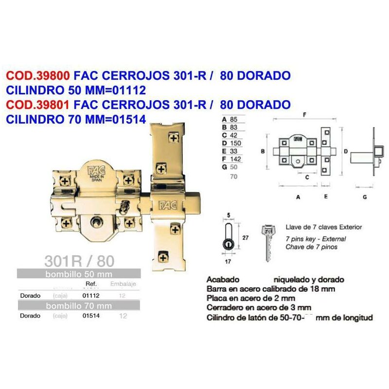 

MIBRICOTIENDA fac cerrojos 301-r - 80 dorado cilindro 70 mm 01514