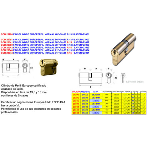FAC Seguridad Cilindro Europerfil Normal 70F 30x40mm R-13,5 Latón 23003