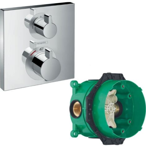 Façade mitigeur thermostatique encastré HANSGROHE Ecostat Square avec robinet d'arrêt et inverseur chromé  + corps encastré