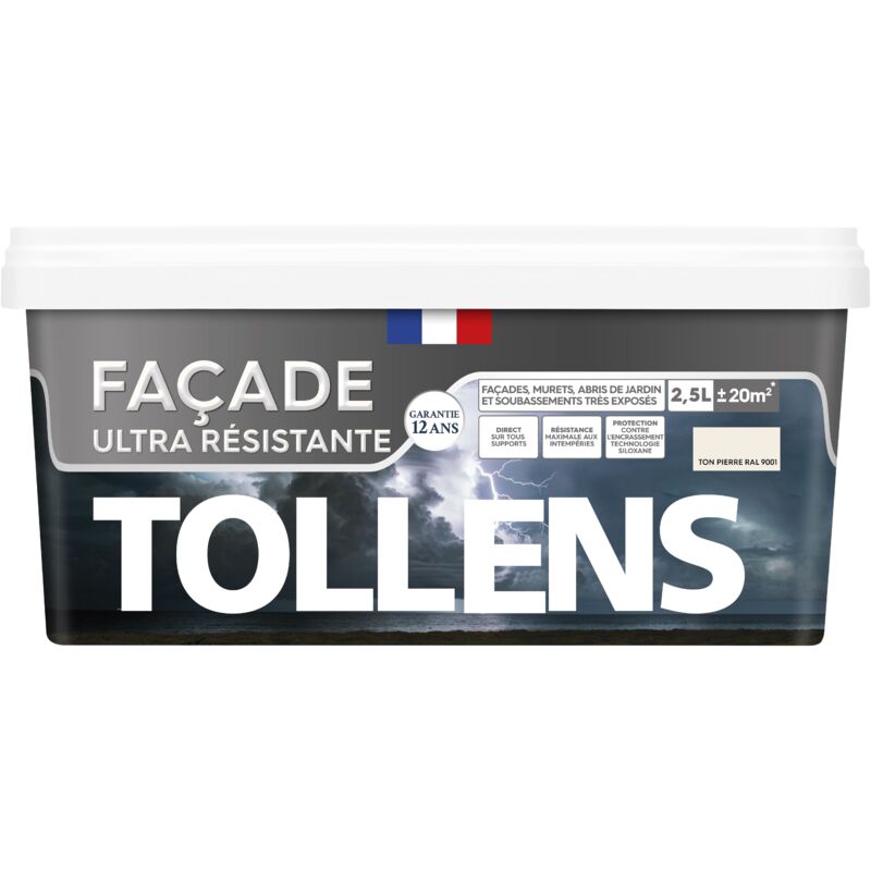 Peinture Façade ultra résistante Tollens Qualité professionnelle - Protection contre salissures - Recouvrable 2H - Ton Pierre 2,5L