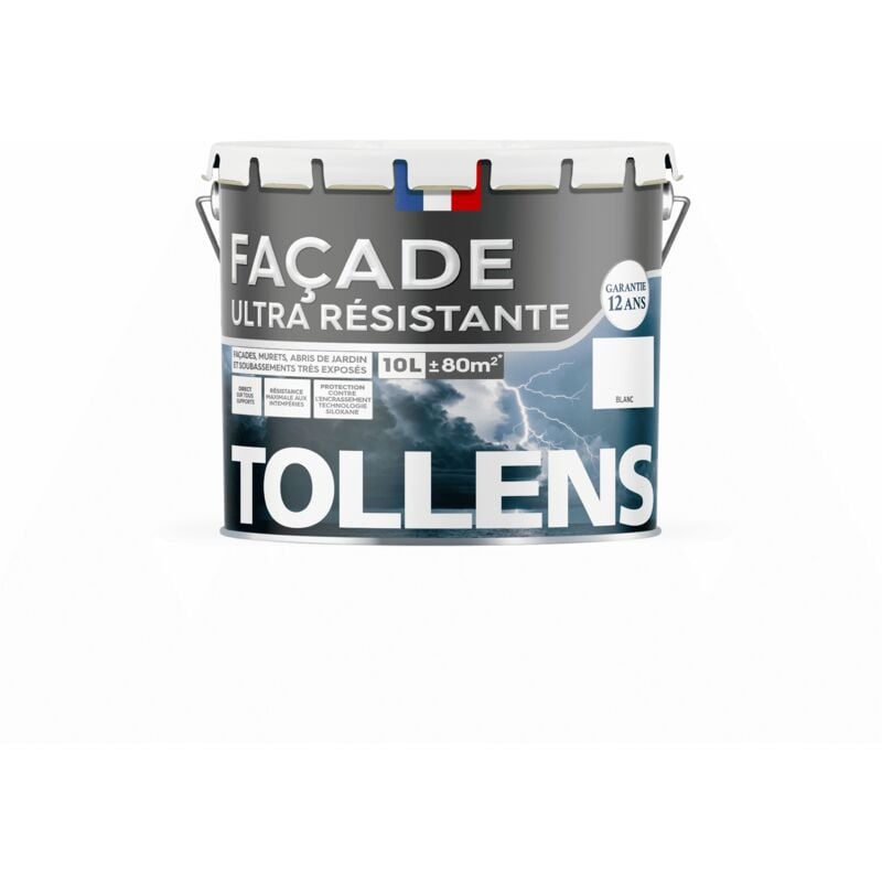 Peinture Façade ultra résistante Tollens Qualité professionnelle - Protection contre salissures - Recouvrable 2H - Blanc 10L