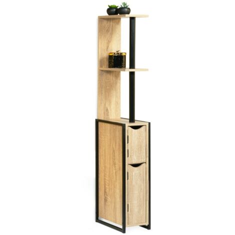 Facilitys – Meuble WC style industriel en bois et métal – Dimensions 119x30x18 cm – 2 placards et 3 étagères pour rangement optimisé
