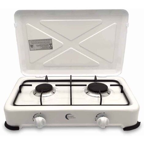 Facilitys – Réchaud à gaz 2 feux en acier émaillé – Brûleurs réglables 1200W/1400W – Pour camping et activités en extérieur – Sortie gaz propane/butane