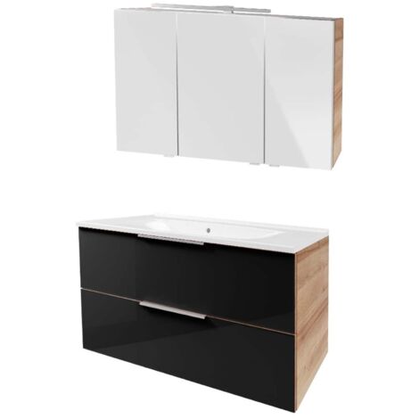 Fackelmann B. BRILLANT Badmöbel Set 3-teilig 100 cm, Anthrazit Glas/Braun hell, Gussmarmor+LED-Spiegelschrank"-"90321145