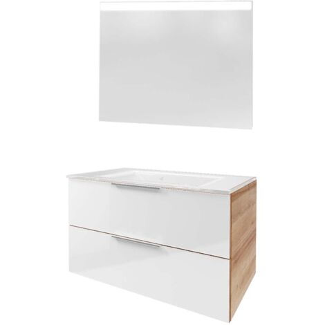Fackelmann B. BRILLANT Badmöbel Set 3-teilig 100 cm, Weiß Glas/Braun hell, Glas Weiß + LED-Spiegel"-"90318145