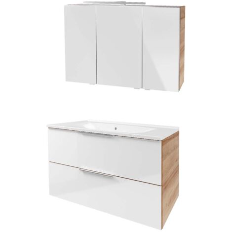 Fackelmann B. BRILLANT Badmöbel Set 3-teilig 100 cm, Weiß Glas/Braun hell, LED-Spiegelschrank"-"90320145