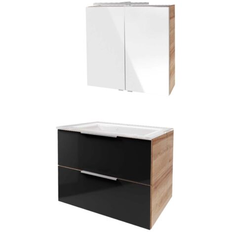 Fackelmann B. BRILLANT Badmöbel Set 3-teilig 80 cm, Anthrazit Glas/Braun, Glas+Spiegelschrank"-"90315145