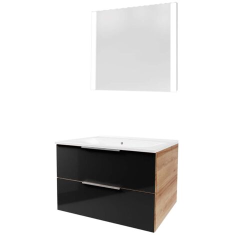 Fackelmann B. BRILLANT Badmöbel Set 3-teilig 80 cm, Anthrazit Glas/Braun hell,Gussmarmor+Spiegel"-"90317145