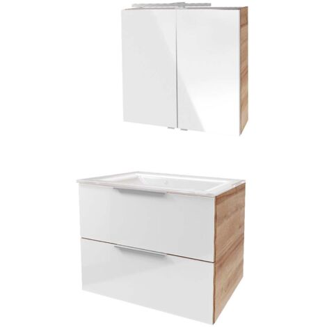 Fackelmann B. BRILLANT Badmöbel Set 3-teilig 80 cm, Weiß Glas/Braun hell, Glas Weiß+Spiegelschrank"-"90314145