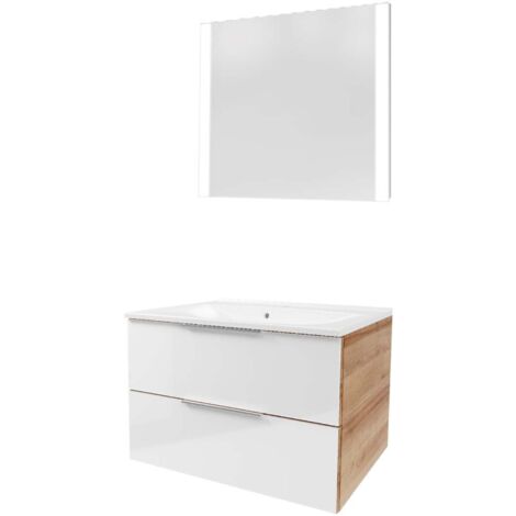Fackelmann B. BRILLANT Badmöbel Set 3-teilig 80 cm, Weiß Glas/Braun hell, Gussmarmor + LED-Spiegel"-"90316145