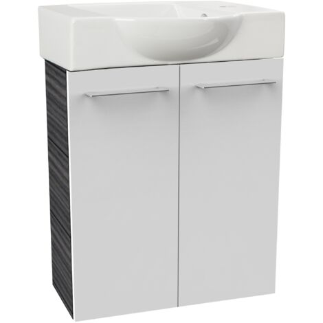 Fackelmann B. PERFEKT SBC Gäste-WC Set 2 Teile – Waschtischunterschrank in Weiß mit Holz Anthrazit mit Waschbecken aus Keramik – Waschbeckenunterschrank – 2 Türen – Hahnloch rechts – 55 cm breit"-"901