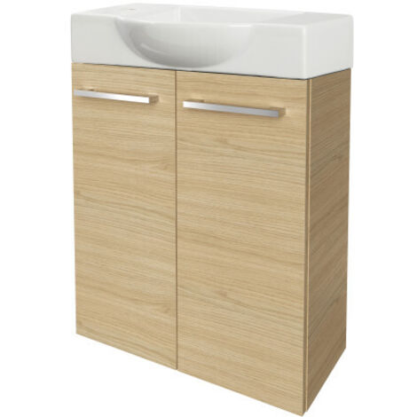 Fackelmann B. STYLE SBC Gäste-WC Set 2 Teile – Waschtischunterschrank in Holz Braun mit Waschbecken aus Keramik – Waschbeckenunterschrank schmal – 2 Türen – Hahnloch links – 55 cm breit"-"90111145