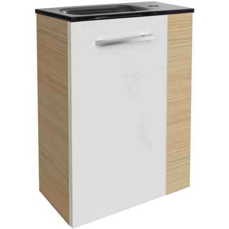 Fackelmann B. STYLE SBC Gäste-WC Set 2 Teile – Waschtischunterschrank in Weiß mit Holz Braun mit Waschbecken aus Glas in Anthrazit – Waschbeckenunterschrank schmal – Türanschlag links – 45 cm breit"-