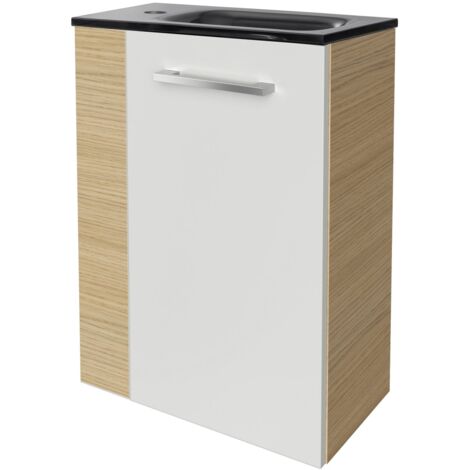 Fackelmann B. STYLE SBC Gäste-WC Set 2 Teile – Waschtischunterschrank in Weiß mit Holz Braun mit Waschbecken aus Glas in Anthrazit – Waschbeckenunterschrank schmal – Türanschlag rechts – 45 cm breit"