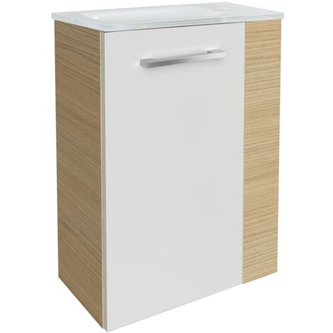 Fackelmann B. STYLE SBC Gäste-WC Set 2 Teile – Waschtischunterschrank in Weiß mit Holz Braun mit Waschbecken aus Glas in Weiß – Waschbeckenunterschrank schmal – Türanschlag links – 45 cm breit"-"9010