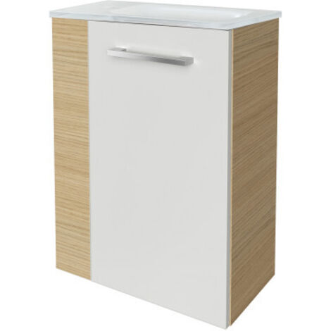 Fackelmann B. STYLE SBC Gäste-WC Set 2 Teile – Waschtischunterschrank in Weiß mit Holz Braun mit Waschbecken aus Glas in Weiß – Waschbeckenunterschrank schmal – Türanschlag rechts – 45 cm breit"-"901