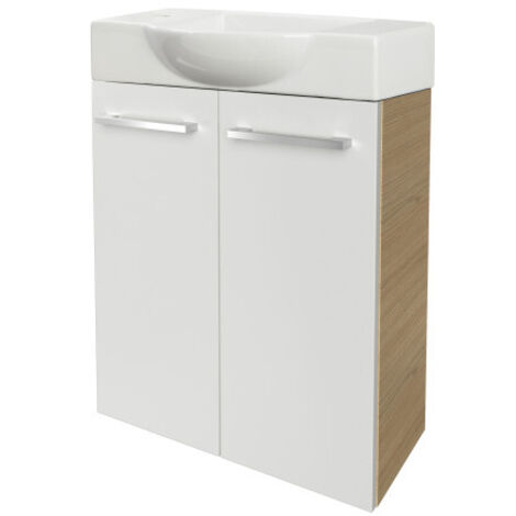Fackelmann B. STYLE SBC Gäste-WC Set 2 Teile – Waschtischunterschrank in Weiß mit Holz Braun mit Waschbecken aus Keramik – Waschbeckenunterschrank schmal – 2 Türen – Hahnloch links – 55 cm breit"-"901