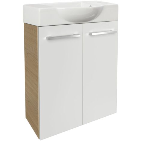 Fackelmann B. STYLE SBC Gäste-WC Set 2 Teile – Waschtischunterschrank in Weiß mit Holz Braun mit Waschbecken aus Keramik – Waschbeckenunterschrank schmal – 2 Türen – Hahnloch rechts – 55 cm breit"-"90