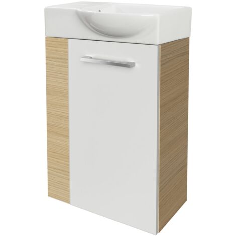 Fackelmann B. STYLE SBC Gäste-WC Set 2 Teile – Waschtischunterschrank in Weiß mit Holz Braun mit Waschbecken aus Keramik – Waschbeckenunterschrank– Türanschlag rechts – Hahnloch links – 45 cm breit"-"