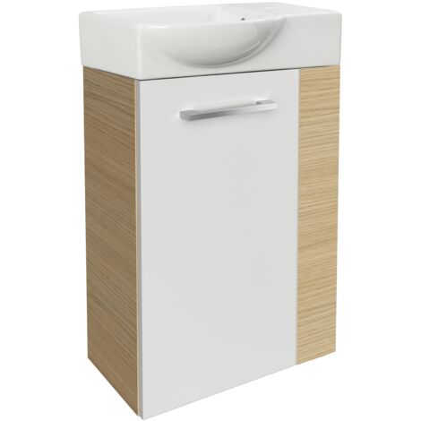 Fackelmann B. STYLE SBC Gäste-WC Set 2 Teile – Waschtischunterschrank Weiß mit Holz Braun mit Waschbecken Keramik – Waschbeckenunterschrank schmal – Türanschlag links – Hahnloch rechts – 45 cm breit"-