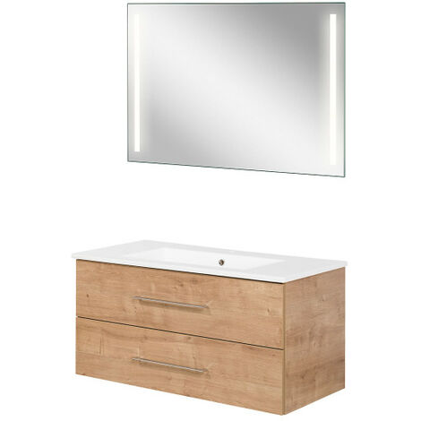 Fackelmann B.perfekt Badmöbel Set 3-teilig, 100 cm, Braun hell, LED-Spiegel-09825