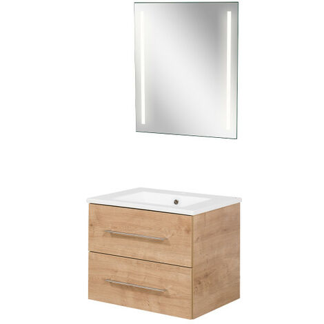 Fackelmann B.perfekt Badmöbel Set 3-teilig, 60 cm, Braun hell, LED-Spiegel-09819