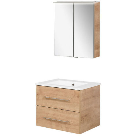 Fackelmann B.perfekt Badmöbel Set 3-teilig, 60 cm, Braun hell, LED-Spiegelschrank-09828