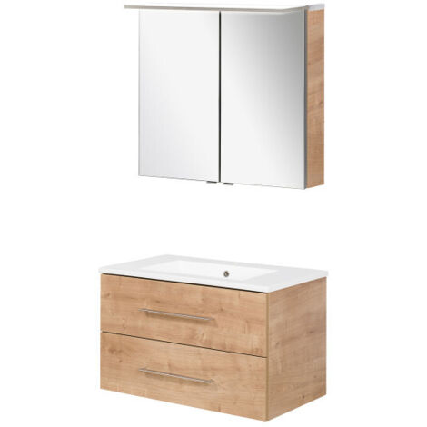 Fackelmann B.perfekt Badmöbel Set 3-teilig, 80 cm, Braun hell, LED-Spiegelschrank"-"09831