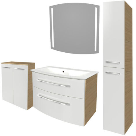 Fackelmann B.STYLE Badmöbel Set mit Waschbecken mit Unterschrank 80 cm breit – LED-Spiegel – Doppel-Midischrank und Hochschrank in Weiß mit Holz braun – Badezimmermöbel in Sandeiche Holzoptik"-"902021