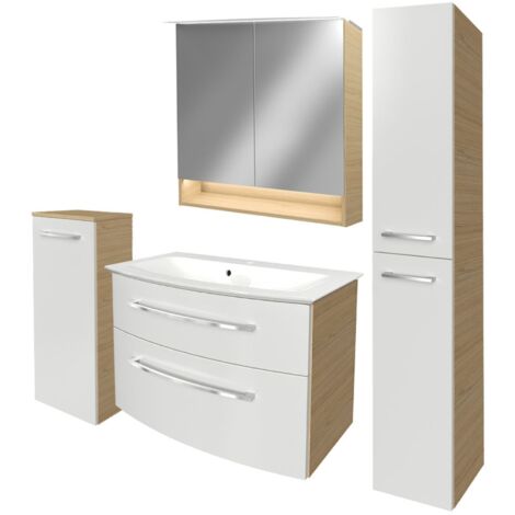 Fackelmann B.STYLE Badmöbel Set mit Waschbecken mit Unterschrank 80 cm breit – LED-Spiegelschrank – Midischrank und Hochschrank in Weiß mit Holz braun – Badezimmermöbel in Sandeiche Holzoptik"-"902001