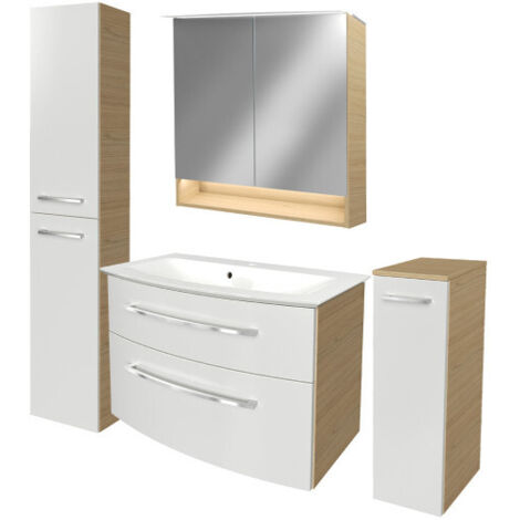 Fackelmann B.STYLE Badmöbel Set mit Waschbecken mit Unterschrank 80 cm breit – LED-Spiegelschrank – Midischrank und Hochschrank in Weiß mit Holz braun – Badezimmermöbel in Sandeiche Holzoptik"-"902011