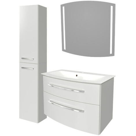 Fackelmann B.STYLE Badmöbel Set mit Waschbecken mit Unterschrank 80 cm breit – mit LED-Spiegel und Hochschrank – Badezimmermöbel hängend in Weiß Hochglanz – Badspiegel mit Beleuchtung"-"90192145
