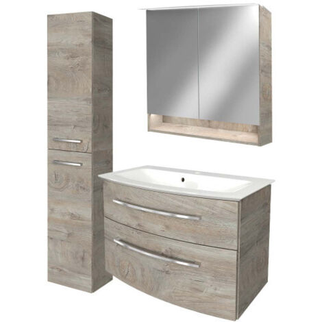 Fackelmann B.STYLE Badmöbel Set mit Waschbecken mit Unterschrank 80 cm breit – Spiegelschrank Bad mit Beleuchtung und Hochschrank in Holz braun – Badezimmermöbel hängend in Eiche Natur Holzoptik"-"901