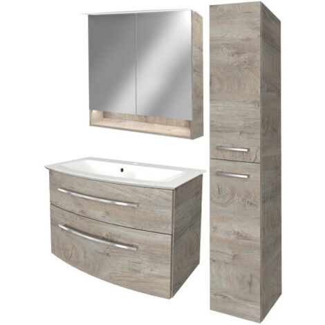Fackelmann B.STYLE Badmöbel Set mit Waschbecken mit Unterschrank 80 cm breit – Spiegelschrank Bad mit Beleuchtung und Hochschrank in Holz braun – Badezimmermöbel hängend in Eiche Natur Holzoptik"-"901