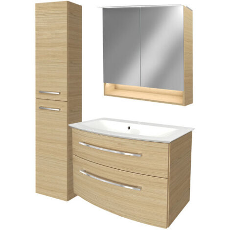 Fackelmann B.STYLE Badmöbel Set mit Waschbecken mit Unterschrank 80 cm breit – Spiegelschrank Bad mit Beleuchtung und Hochschrank in Holz braun – Badezimmermöbel hängend in Sandeiche Holzoptik"-"90184