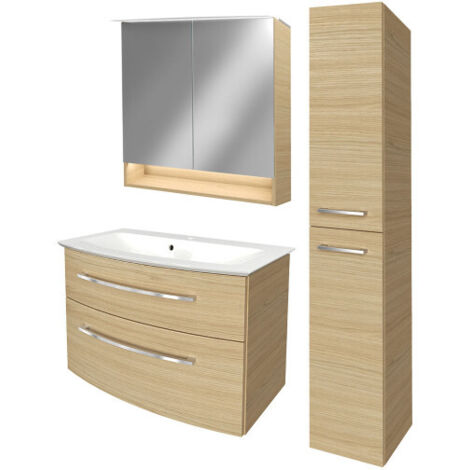Fackelmann B.STYLE Badmöbel Set mit Waschbecken mit Unterschrank 80 cm breit – Spiegelschrank Bad mit Beleuchtung und Hochschrank in Holz braun – Badezimmermöbel hängend in Sandeiche Holzoptik"-"90185