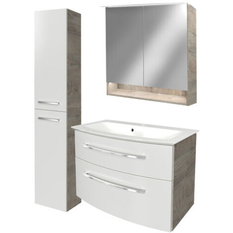 Fackelmann B.STYLE Badmöbel Set mit Waschbecken mit Unterschrank 80 cm breit – Spiegelschrank Bad mit Beleuchtung und Hochschrank in Weiß mit Holz braun – Badezimmermöbel in Eiche Natur Holzoptik"-"90