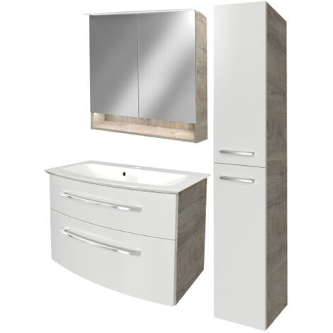 Fackelmann B.STYLE Badmöbel Set mit Waschbecken mit Unterschrank 80 cm breit – Spiegelschrank Bad mit Beleuchtung und Hochschrank in Weiß mit Holz braun – Badezimmermöbel in Eiche Natur Holzoptik"-"90