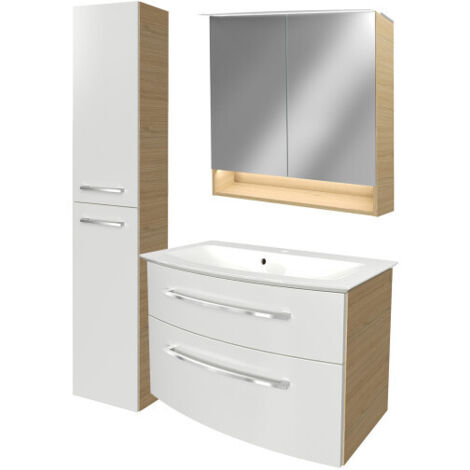 Fackelmann B.STYLE Badmöbel Set mit Waschbecken mit Unterschrank 80 cm breit – Spiegelschrank Bad mit Beleuchtung und Hochschrank in Weiß mit Holz braun – Badezimmermöbel in Sandeiche Holzoptik"-"9018
