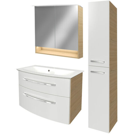 Fackelmann B.STYLE Badmöbel Set mit Waschbecken mit Unterschrank 80 cm breit – Spiegelschrank Bad mit Beleuchtung und Hochschrank in Weiß mit Holz braun – Badezimmermöbel in Sandeiche Holzoptik"-"9018