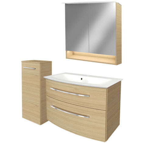Fackelmann B.STYLE Badmöbel Set mit Waschbecken mit Unterschrank 80 cm breit – Spiegelschrank Bad mit Beleuchtung und Midischrank in Holz braun – Badezimmermöbel hängend in Sandeiche Holzoptik"-"90182