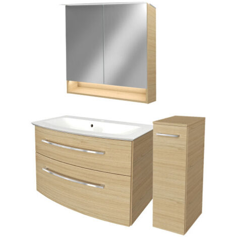 Fackelmann B.STYLE Badmöbel Set mit Waschbecken mit Unterschrank 80 cm breit – Spiegelschrank Bad mit Beleuchtung und Midischrank in Holz braun – Badezimmermöbel hängend in Sandeiche Holzoptik"-"90183