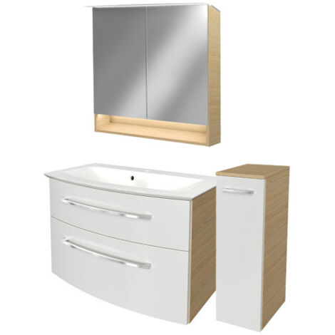 Fackelmann B.STYLE Badmöbel Set mit Waschbecken mit Unterschrank 80 cm breit – Spiegelschrank Bad mit Beleuchtung und Midischrank in Weiß mit Holz braun – Badezimmermöbel in Sandeiche Holzoptik"-"9018