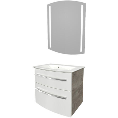 Fackelmann B.STYLE Badmöbel Set – Waschbecken mit Unterschrank und LED-Spiegel – Waschbeckenunterschrank 60 cm hängend breit in Weiß mit Eiche Natur Holz braun – Badspiegel mit Beleuchtung"-"90175145