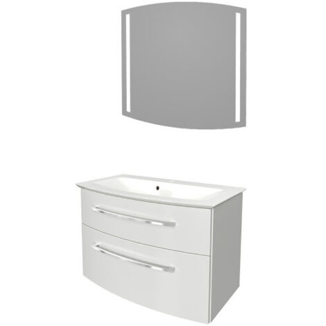 Fackelmann B.STYLE Badmöbel Set – Waschbecken mit Unterschrank und LED-Spiegel – Waschbeckenunterschrank 80 cm hängend breit in Weiß Hochglanz – Badspiegel mit Beleuchtung"-"90179145