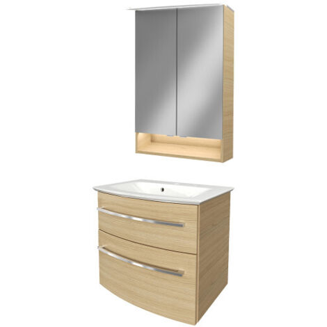 Fackelmann B.STYLE Badmöbel Set – Waschbecken mit Unterschrank und LED-Spiegelschrank in Holz braun – Waschbeckenunterschrank 60 cm hängend breit – Badezimmermöbel in Sandeiche Holzoptik"-"90171145