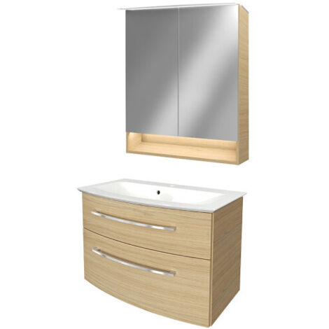 Fackelmann B.STYLE Badmöbel Set – Waschbecken mit Unterschrank und LED-Spiegelschrank in Holz braun – Waschbeckenunterschrank 80 cm hängend breit – Badezimmermöbel in Sandeiche Holzoptik"-"90176145