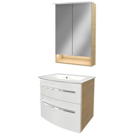 Fackelmann B.STYLE Badmöbel Set – Waschbecken mit Unterschrank und LED-Spiegelschrank in Weiß mit Holz braun – Waschbeckenunterschrank 60 cm hängend breit – Badezimmermöbel in Sandeiche Holzoptik"-"90